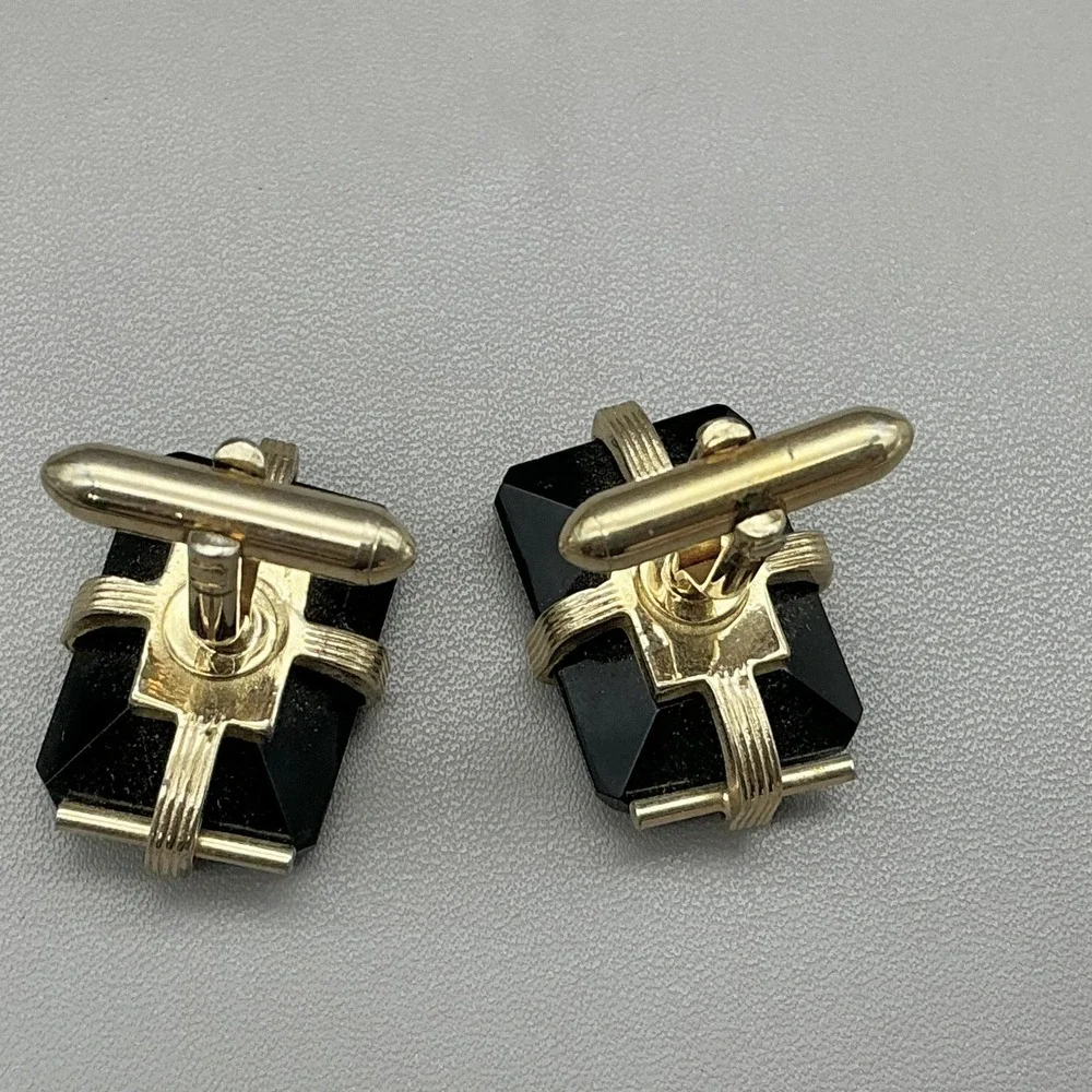 Vintage Mens Cufflinks Gold Tone Black Intaglio Figure Stone Bullet Back Jewelry